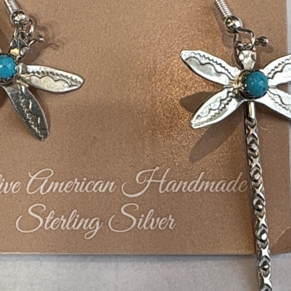Native Sterling Silver Dragonfly Earrings with Turquoise Centers - Picture 3 of 4